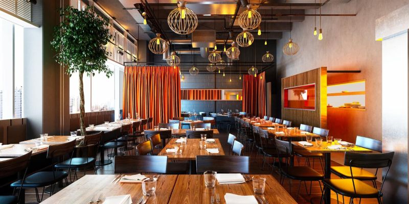 Modern restaurant interior with wooden tables